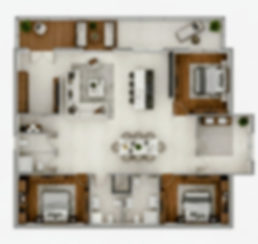 A 3D furnished floor plan render of a spacious 4 BHK apartment at Embassy Astra, showcasing its intelligent layout.