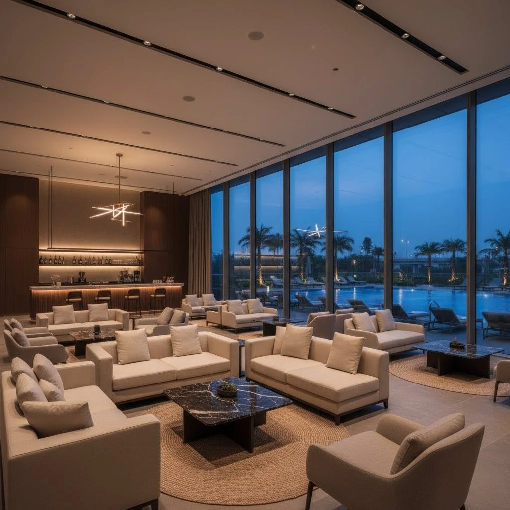 The luxurious and modern clubhouse lounge at Embassy Astra, showcasing the curated amenities for an elevated lifestyle.