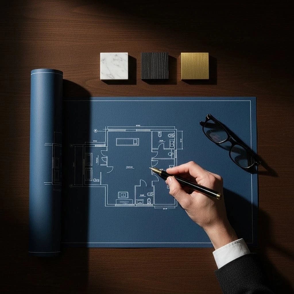 An architect's desk with blueprints and material samples, symbolizing the design philosophy of Embassy Astra, Hebbal.