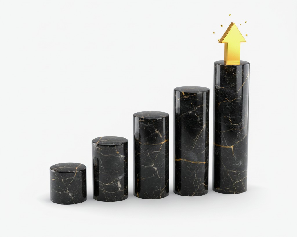 A 3D icon of ascending marble pillars, symbolizing the consistent 8-11% annual property appreciation in Hebbal for Embassy Astra.