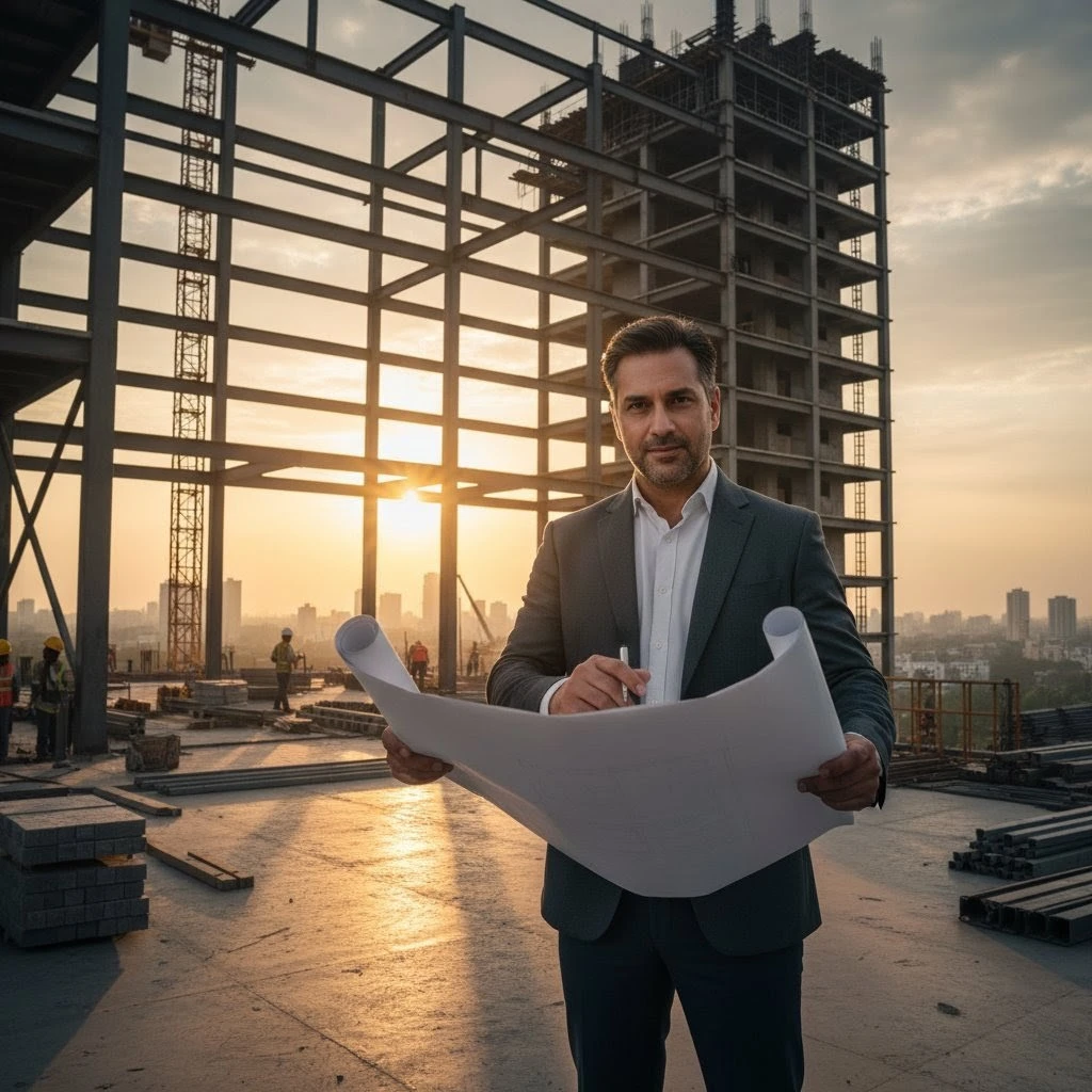 An architect reviewing blueprints at the Embassy Astra construction site, symbolizing the Embassy Group's brand assurance.