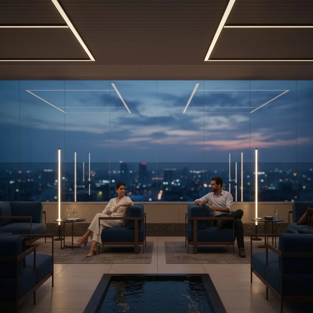 An exclusive rooftop sky lounge at Embassy Astra, Hebbal, showcasing the intimate and private community feel for residents.