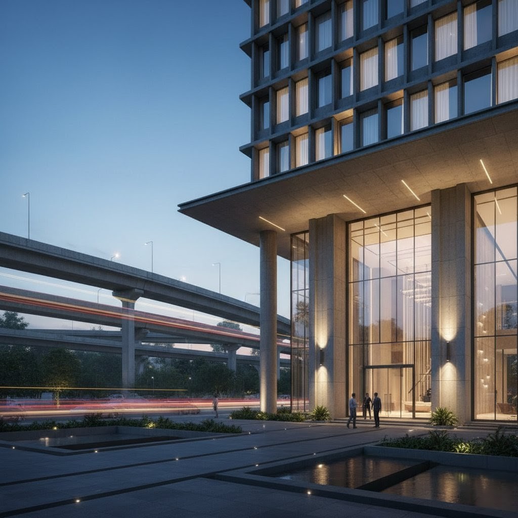 The grand entrance of Embassy Astra in Hebbal, beautifully illuminated at dusk, showcasing it as a premium urban sanctuary.