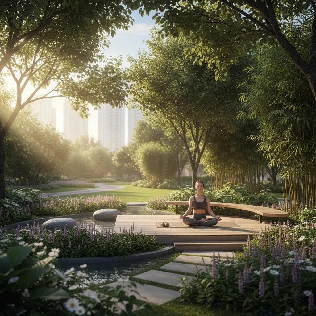 A resident practicing yoga on a serene wellness deck at Embassy Astra, surrounded by lush, landscaped gardens in Hebbal.