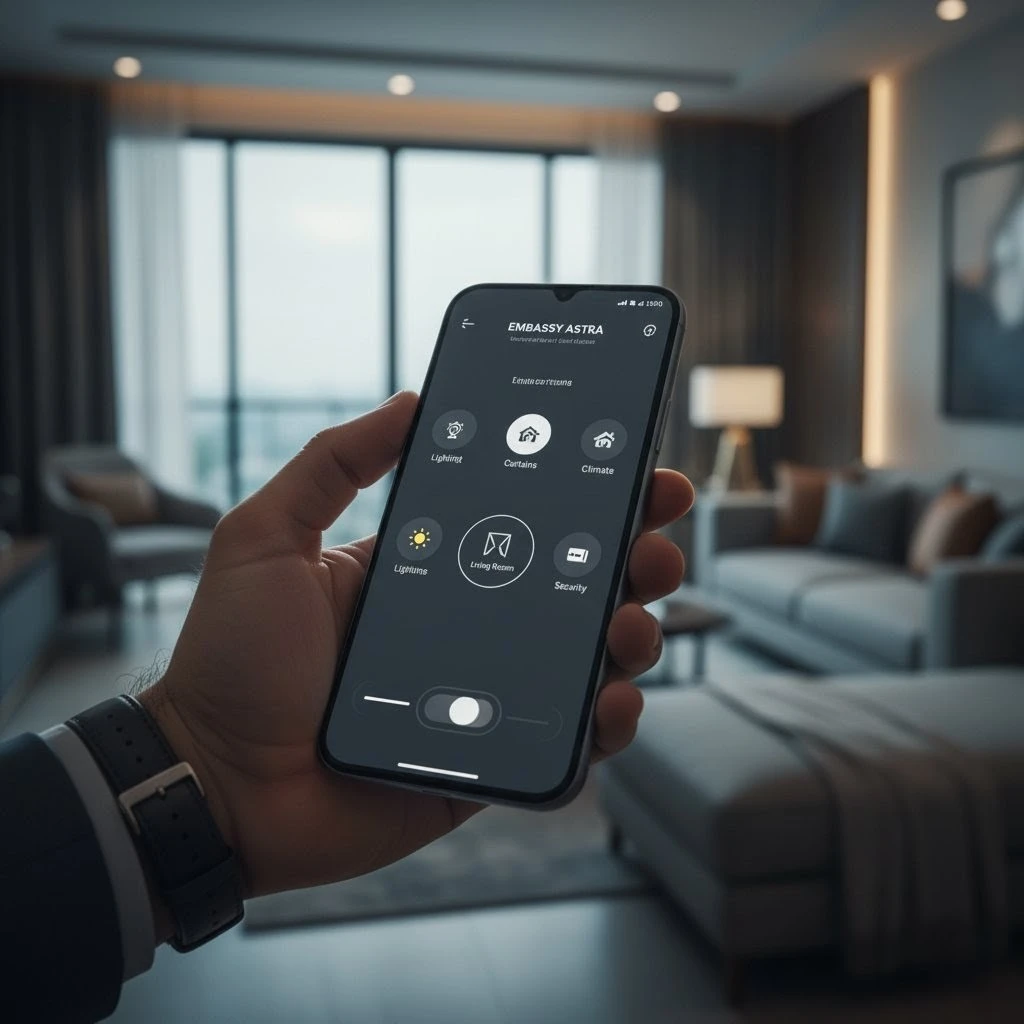 A resident using a smartphone to control the smart home features in their Embassy Astra apartment in Hebbal.
