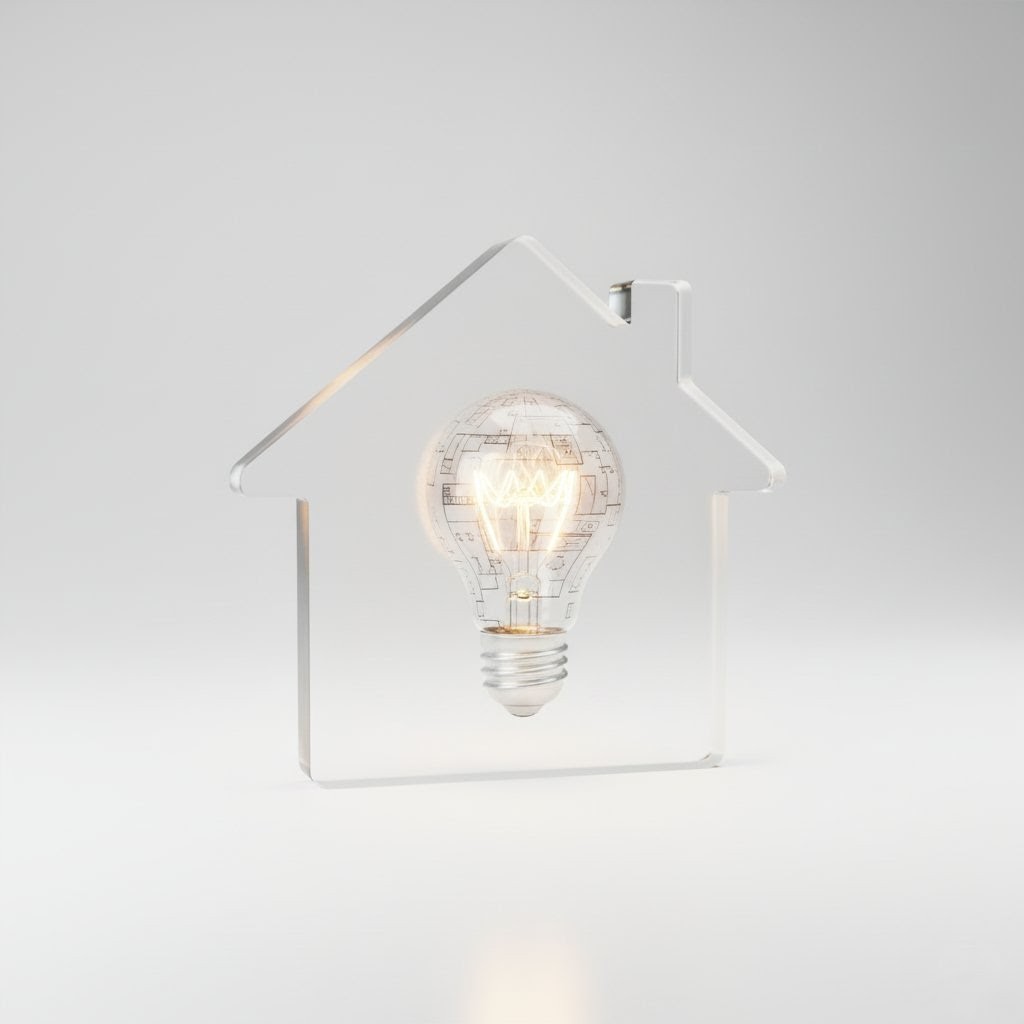 A 3D icon of a glass house with a glowing lightbulb inside, symbolizing Embassy Group's focus on design-led innovation.