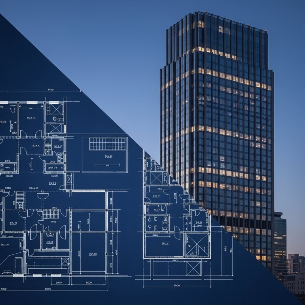 A symbolic image showing an architectural blueprint transforming into a finished skyscraper, representing Embassy Group's legacy of turning vision into reality.
