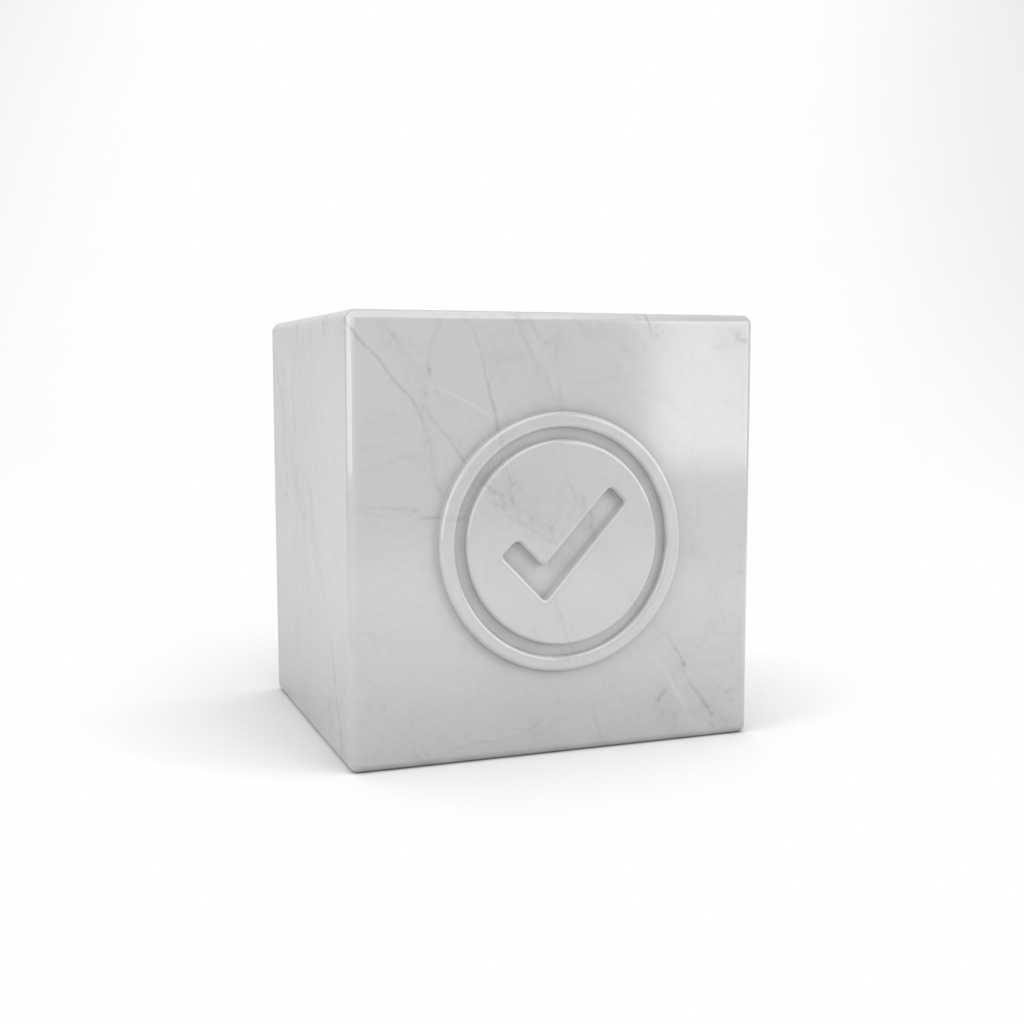 A 3D icon of a marble cornerstone with a quality seal, representing Embassy Group's commitment to uncompromised quality.
