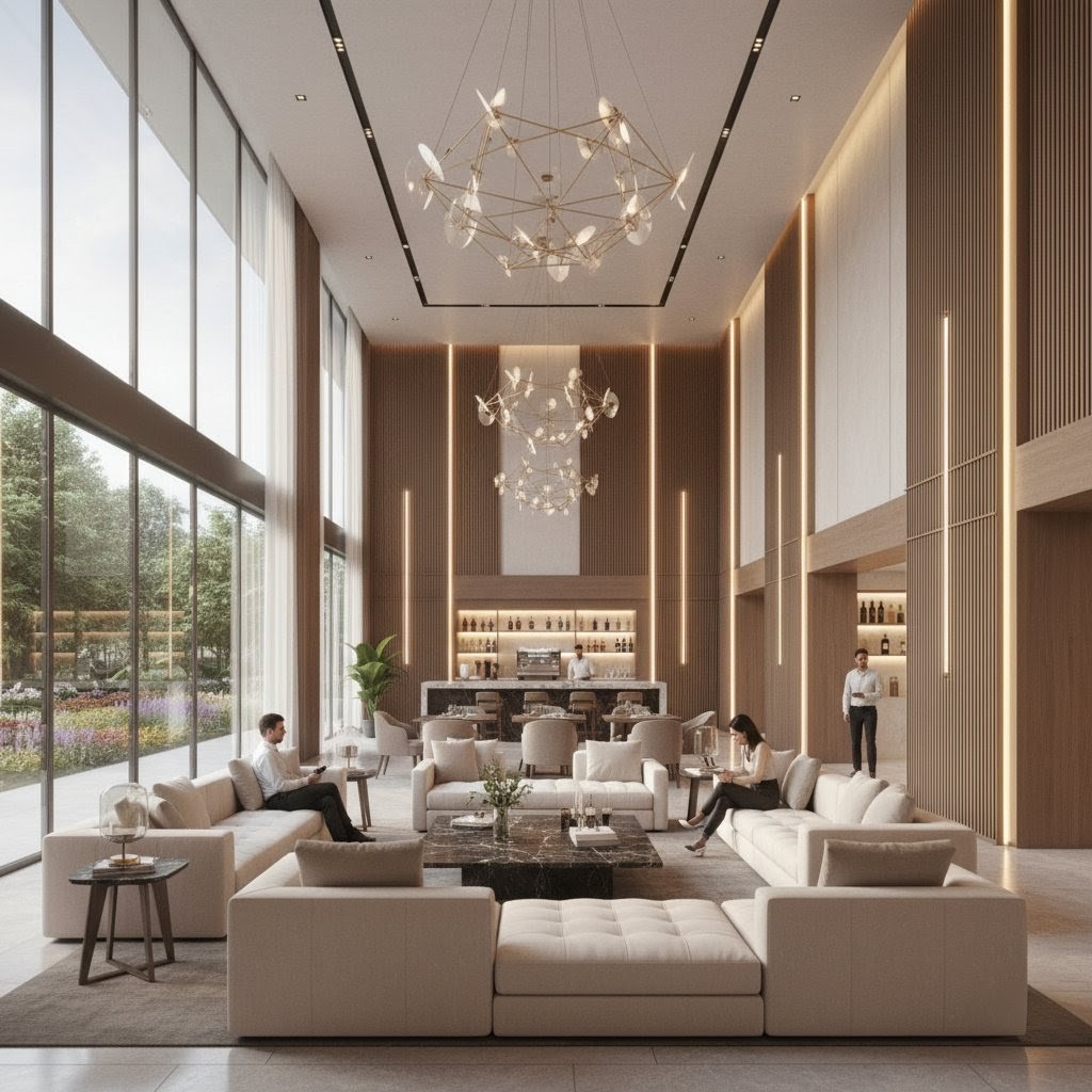 The modern and spacious clubhouse lounge at Project EMBASSY Devanahalli, a space designed for community and social life.