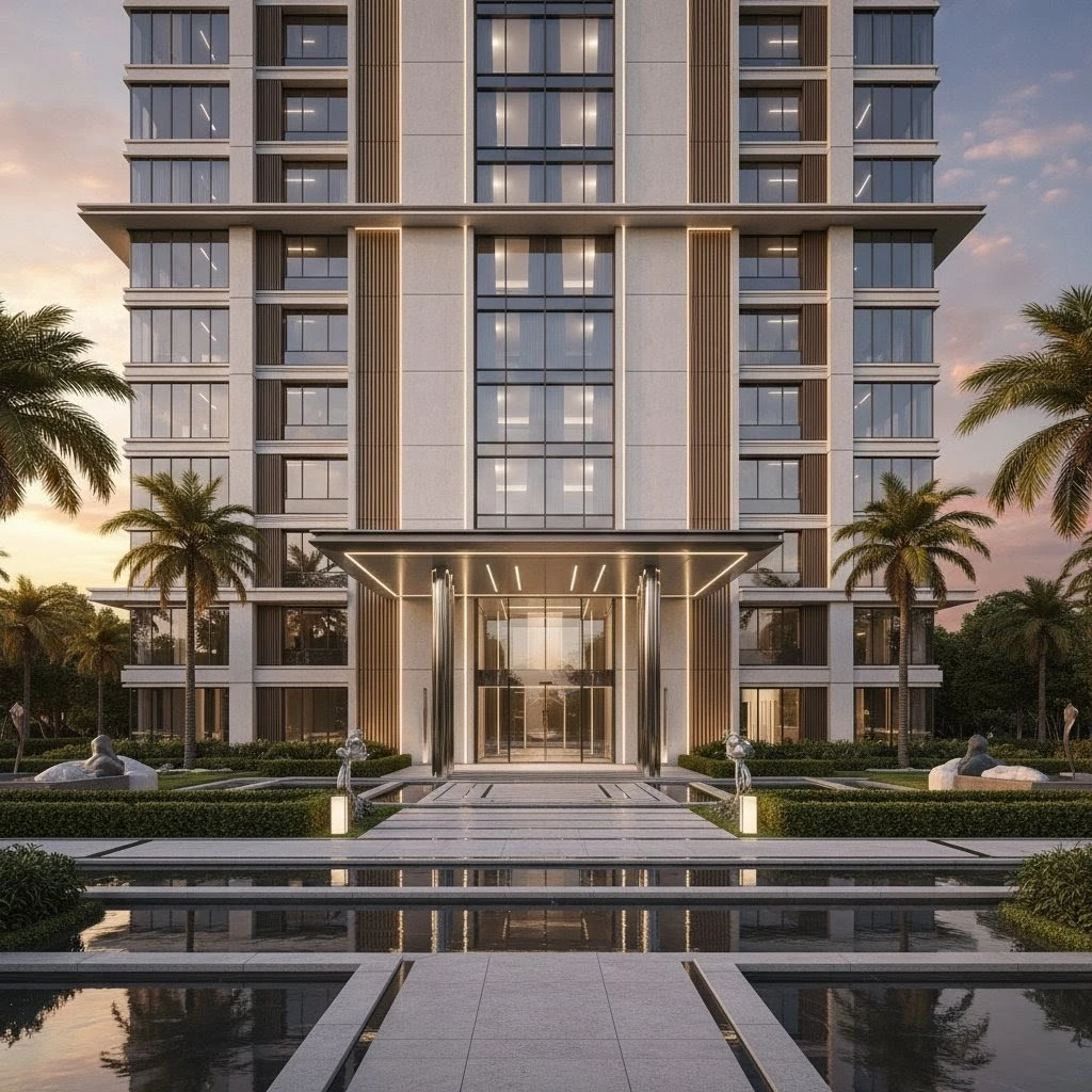 Architectural render of the completed facade of a tower at Project EMBASSY Devanahalli at golden hour.