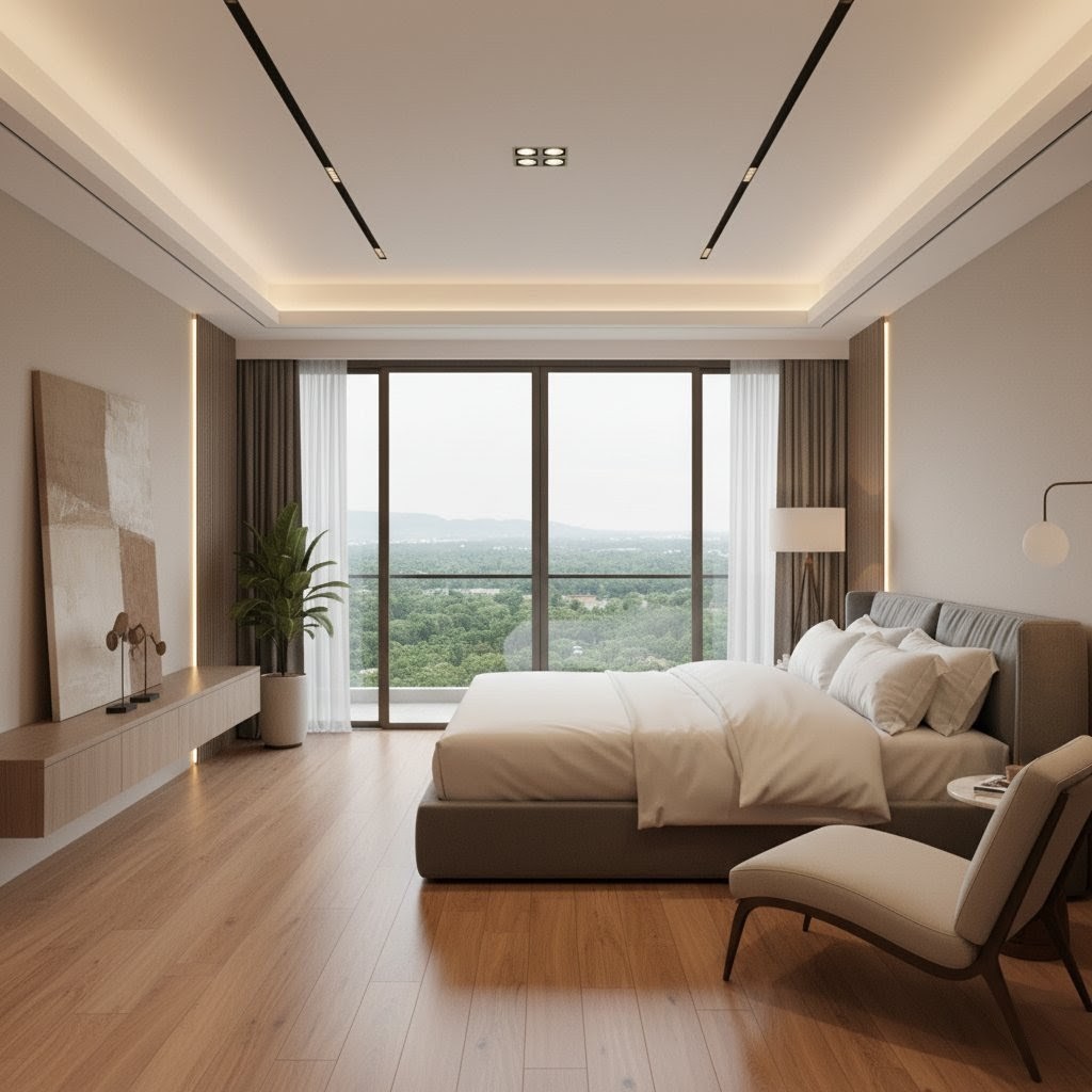 The elegant interior of a spacious master bedroom in a Project EMBASSY apartment, featuring premium finishes and a view.
