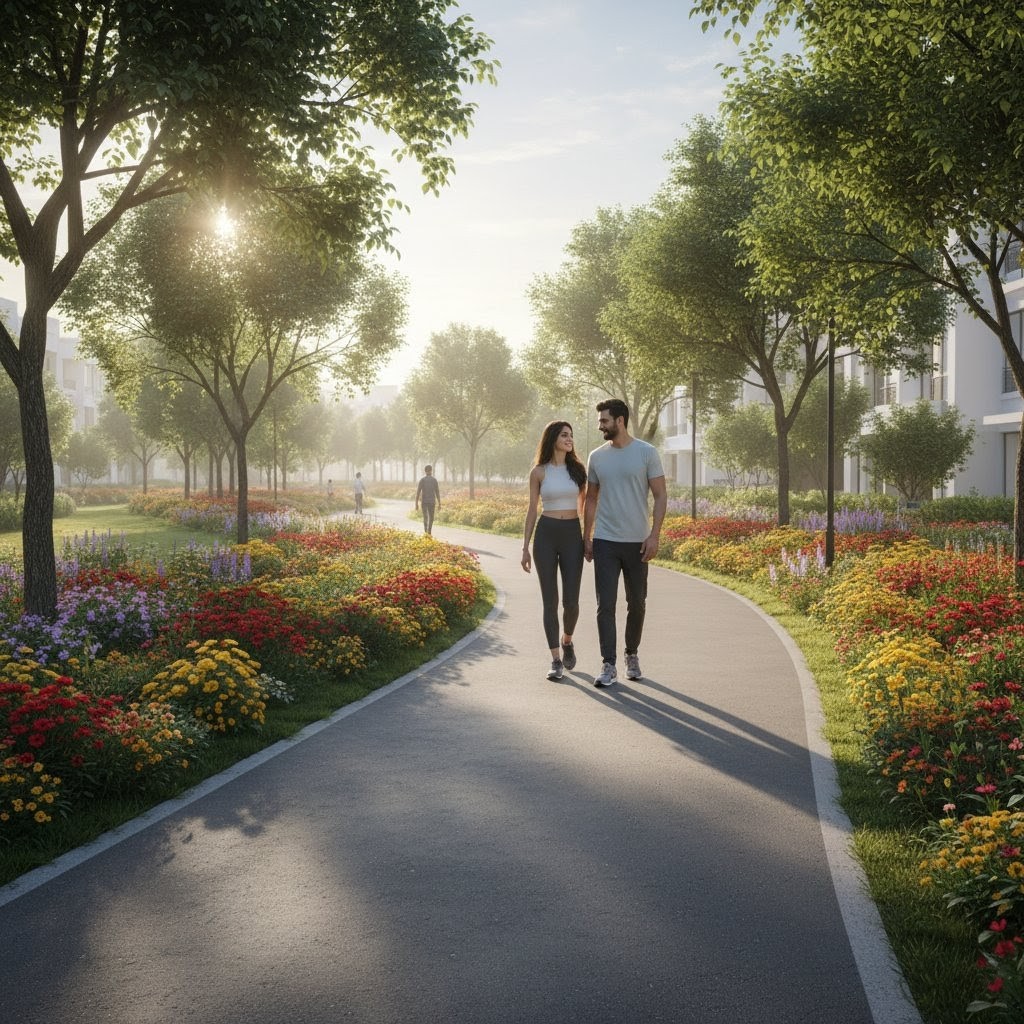 A couple enjoying a morning walk on a jogging track through the serene, landscaped gardens of Project EMBASSY in Devanahalli.