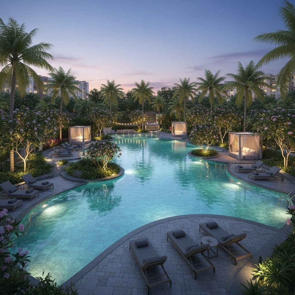 The resort-style swimming pool at Project EMBASSY Devanahalli, illuminated in the evening, offering a luxurious ambiance.